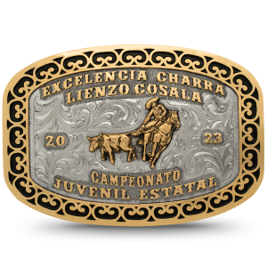 A custom belt buckle trophy for men featuring bronze lettering for Excelencia Charra Lienzo Cozala Campeonato Juvenil Estatal and a mexican cowboy figure